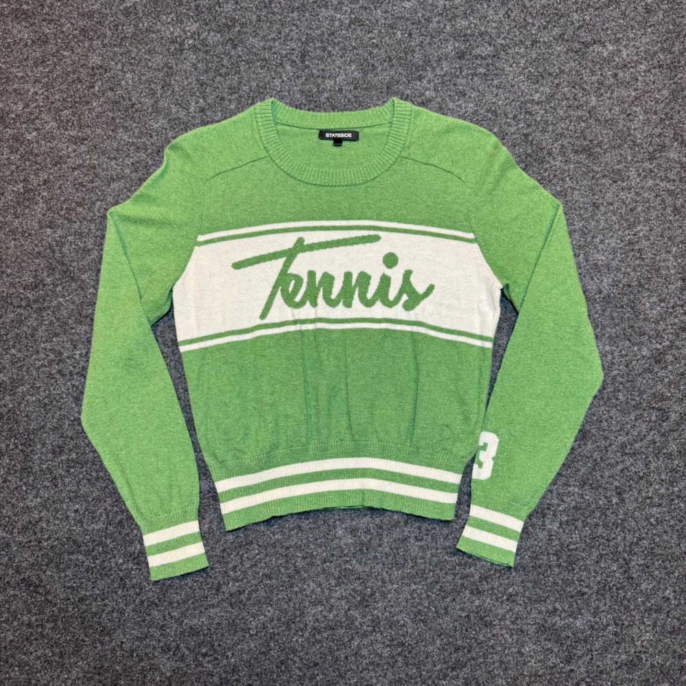 Stateside Womens Green Tennis Graphic Knit Crew Neck Sweater Size Small
